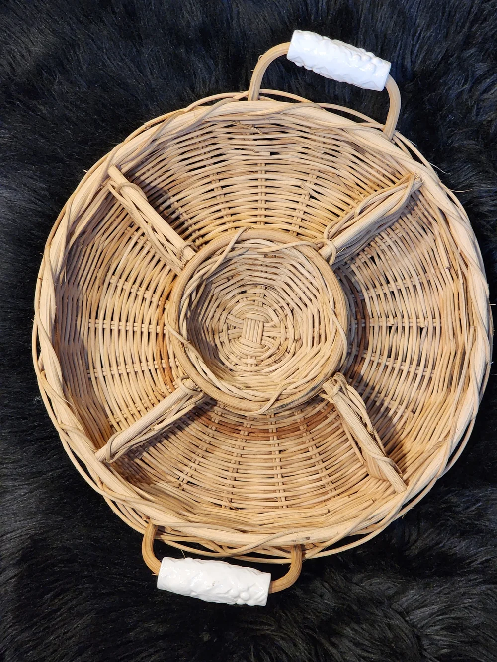 Woven Rattan Divided Serving Basket with White Ceramic Handles